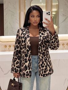 Slaydiva جاكيت بليزر أنيق للمقاسات الكبيرة بطبعة نمر، جاكيت بدلة خفيفة للخريف - بني - مشاهدة 9