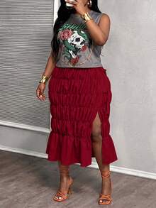 Veslaya Plus Size Skull & Floral Print Tank Top And Ruched Split Hem Skirt 2 Pieces Set - Red - View 6