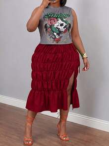 Veslaya Plus Size Skull & Floral Print Tank Top And Ruched Split Hem Skirt 2 Pieces Set - Red - View 8