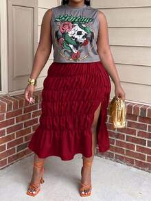 Veslaya Plus Size Skull & Floral Print Tank Top And Ruched Split Hem Skirt 2 Pieces Set - Red - View 7