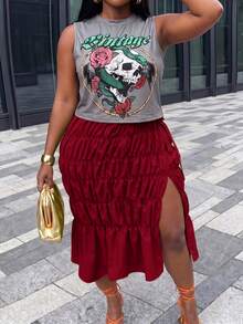Veslaya Plus Size Skull & Floral Print Tank Top And Ruched Split Hem Skirt 2 Pieces Set - Red - View 5