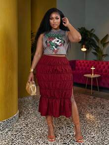Veslaya Plus Size Skull & Floral Print Tank Top And Ruched Split Hem Skirt 2 Pieces Set - Red - View 1