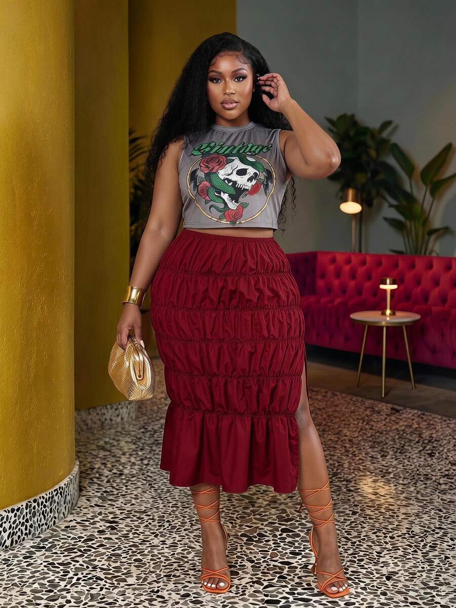 Veslaya Plus Size Skull & Floral Print Tank Top And Ruched Split Hem Skirt 2 Pieces Set - Red - View 1