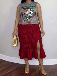 Veslaya Plus Size Skull & Floral Print Tank Top And Ruched Split Hem Skirt 2 Pieces Set - Red - View 3