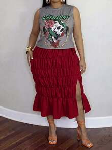 Veslaya Plus Size Skull & Floral Print Tank Top And Ruched Split Hem Skirt 2 Pieces Set - Red - View 4