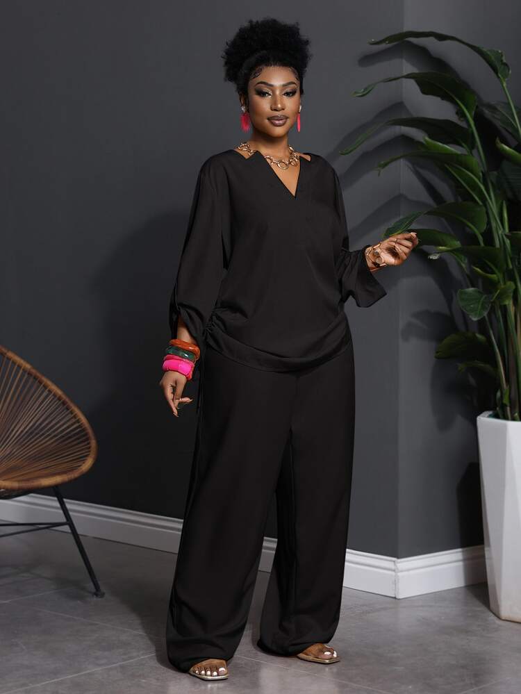 Veslaya 2pcs Plus Size Women Casual Black Solid Cut-Out Neck Long Sleeve Top & Pant Set,Autumn Smart Casual Western Wear Blouse Pantsuit Vacation Outfit Fall - Black - View 3