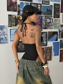 StreetHx 女士休闲性感黑色深V镂空绳饰简约露背吊带连体衣 - 黑色 - 查看 2