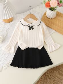 Setelan Baju Bayi Perempuan, Atasan dengan Pita di Kerah dan Rok - Putih - View 1