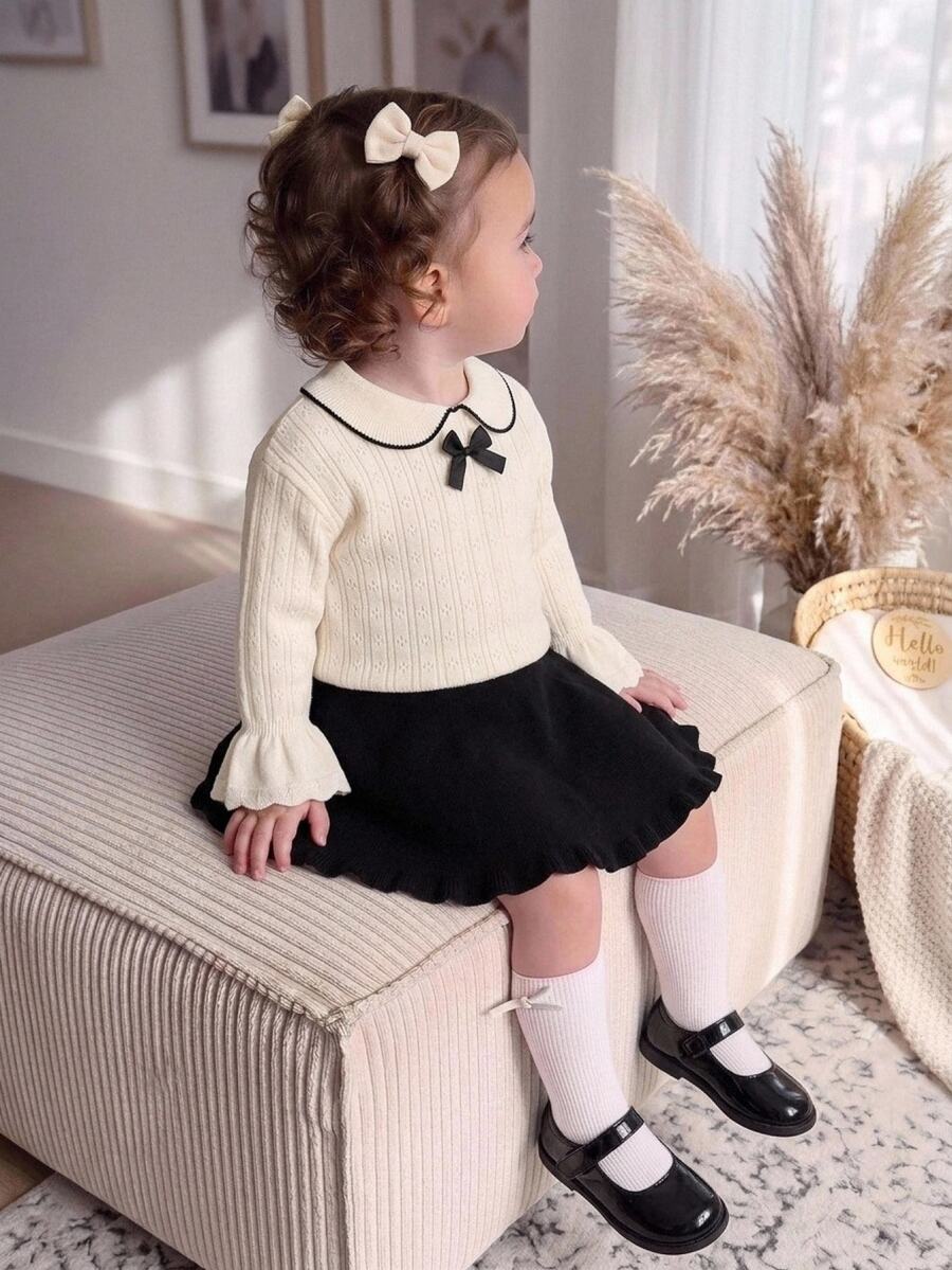 Baby GirlSweater Set, Bow‑Knot Lapel Top & Skirt Outfit - White - View 1