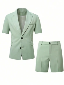 Manfinity Mode Men's Summer Short-Sleeved Blazer & Suit Shorts, Suitable For Daily Business Parties Formal, Ceremony - Green - View 3