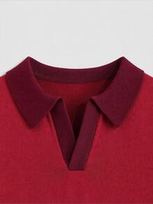 Mainfolk Short Sleeve Casual Knit Top, Business Casual Style, Vacation Outfit Date Night Wedding Vacation Red Summer Red Summer - Burgundy - View 3