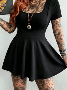 Whyspr Plus Size Women's Casual Spaghetti Strap Printed A-Line Dress, Vintage Y2K Style - Black - View 4
