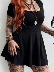 Whyspr Plus Size Women's Casual Spaghetti Strap Printed A-Line Dress, Vintage Y2K Style - Black - View 8
