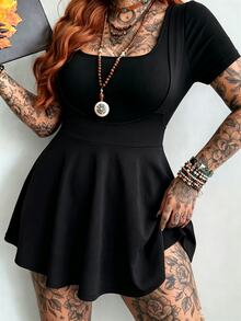Whyspr Plus Size Women's Casual Spaghetti Strap Printed A-Line Dress, Vintage Y2K Style - Black - View 7