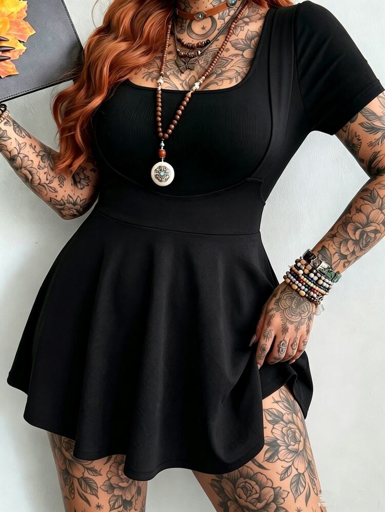 Whyspr Plus Size Women's Casual Spaghetti Strap Printed A-Line Dress, Vintage Y2K Style - Black - View 7