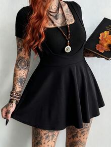 Whyspr Plus Size Women's Casual Spaghetti Strap Printed A-Line Dress, Vintage Y2K Style - Black - View 6