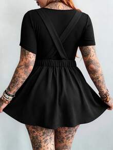 Whyspr Plus Size Women's Casual Spaghetti Strap Printed A-Line Dress, Vintage Y2K Style - Black - View 2