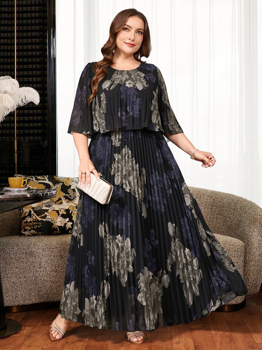 Reflora Plus Size Women's Summer Dress, Elegant Pleated Chiffon Semi-Sheer Long Flowy Pretty Dress - Multicolor - View 1