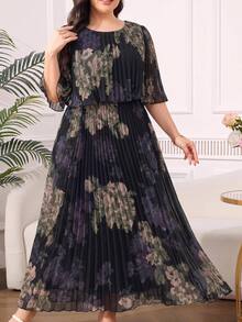 Reflora Plus Size Women's Summer Dress, Elegant Pleated Chiffon Semi-Sheer Long Flowy Pretty Dress - Multicolor - View 7