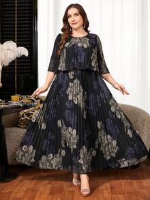 Reflora Plus Size Women's Summer Dress, Elegant Pleated Chiffon Semi-Sheer Long Flowy Pretty Dress - Multicolor - View 3