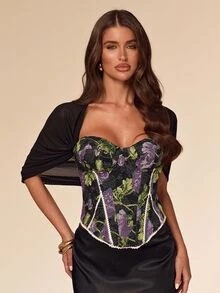 SHEIN BAE Fall Winter Black Purple Floral Jacquard Lace Sweetheart Corset Bustier Vintage Halloween Party Top - Black - View 4