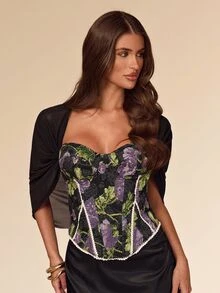 SHEIN BAE Fall Winter Black Purple Floral Jacquard Lace Sweetheart Corset Bustier Vintage Halloween Party Top - Black - View 5