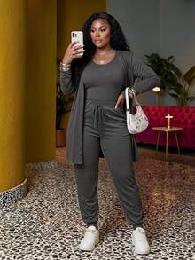 Veslaya 3pcs/Set Plus Size Casual Soft Form Elegant Fitted Vest + Pants + Jacket, Autumn Winter Formal Lounge Dark Wash - Dark Grey - View 1