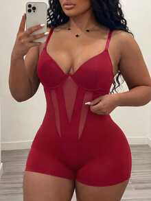 Veslaya 大尺碼女款純色拼接網紗細肩帶連身褲 - 酒紅色 - 查看 3