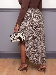Veslaya Sexy Elegant Date Zebra Print Multi-Layer Ruffle Asymmetrical Skirt Plus Size - Brown - View 3