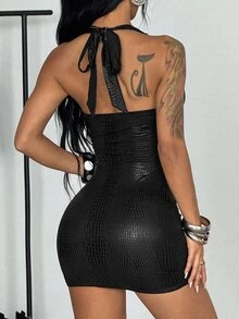 StreetHx Women's Summer Black Snake Skin Pattern Hollow Out Sexy Rivet Decor Mini Dress - Black - View 2