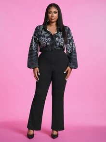 Veslaya Plus Size Women's Black Floral Print Blouse For Commute - Black - View 6
