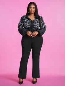 Veslaya Plus Size Women's Black Floral Print Blouse For Commute - Black - View 3