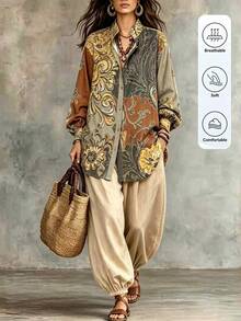 LanaWest Spring/Autumn Bohemian Boho Patchwork Print Single-Breasted Shirt Drapey Faux Linen Tapered Wide Leg Pants Vacation Set Vacation Brown Shades Of Brown - Multicolor - View 1