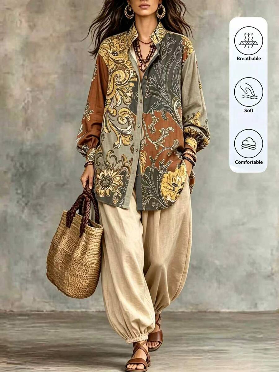 LanaWest Spring/Autumn Bohemian Boho Patchwork Print Single-Breasted Shirt Drapey Faux Linen Tapered Wide Leg Pants Vacation Set Vacation Brown Shades Of Brown - Multicolor - View 1