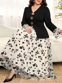 Reflora 大尺碼女款兩件套，四季皆宜，優雅花卉網格拼接外套與裙子套裝 - 彩色 - 查看 2