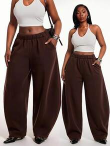 Radiana Plus Size Summer Casual Baggy Fashion Versatile Chocolate Brown Curved Leg Sweatpants, Commute Formal Vacation - Brown - View 1