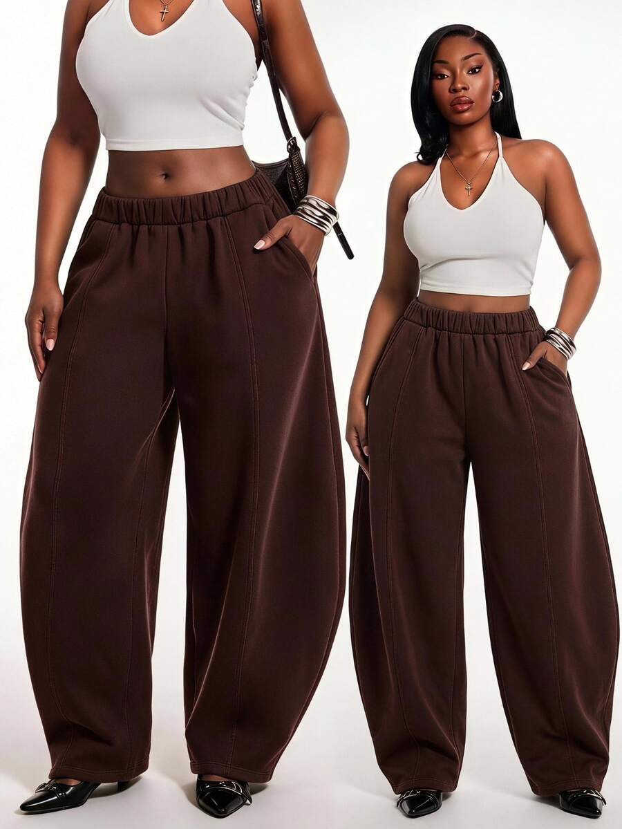 Radiana Plus Size Summer Casual Baggy Fashion Versatile Chocolate Brown Curved Leg Sweatpants, Commute Formal Vacation - Brown - View 1