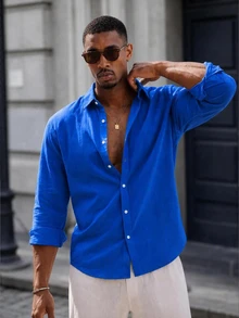 Mainfolk Men's Solid Color Long Sleeve Single-Breasted Casual Elegant Tropical Shirt Vacation Royal Blue Autumn - Blue - View 8
