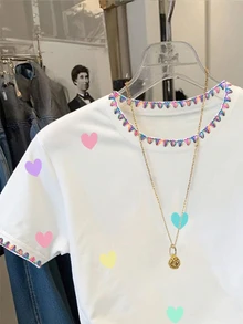 Resyla [印花設計] 女款休閒愛心印花刺繡飾邊T恤，夏季 - 白色 - 查看 5