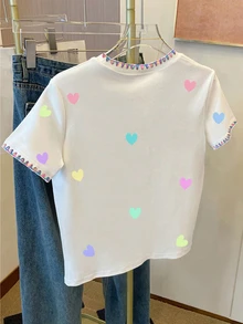 Resyla [印花設計] 女款休閒愛心印花刺繡飾邊T恤，夏季 - 白色 - 查看 2