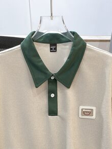 OldRiff 男士字母刺绣撞色短袖休闲通勤 Polo 衫 - 杏色 - 查看 6