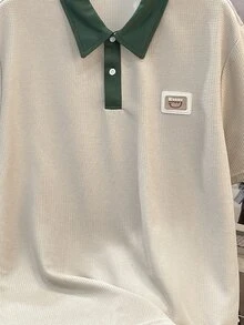 OldRiff 男士字母刺绣撞色短袖休闲通勤 Polo 衫 - 杏色 - 查看 5