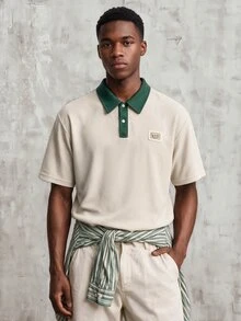 OldRiff 男士字母刺绣撞色短袖休闲通勤 Polo 衫 - 杏色 - 查看 3