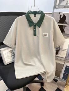 OldRiff 男士字母刺绣撞色短袖休闲通勤 Polo 衫 - 杏色 - 查看 2