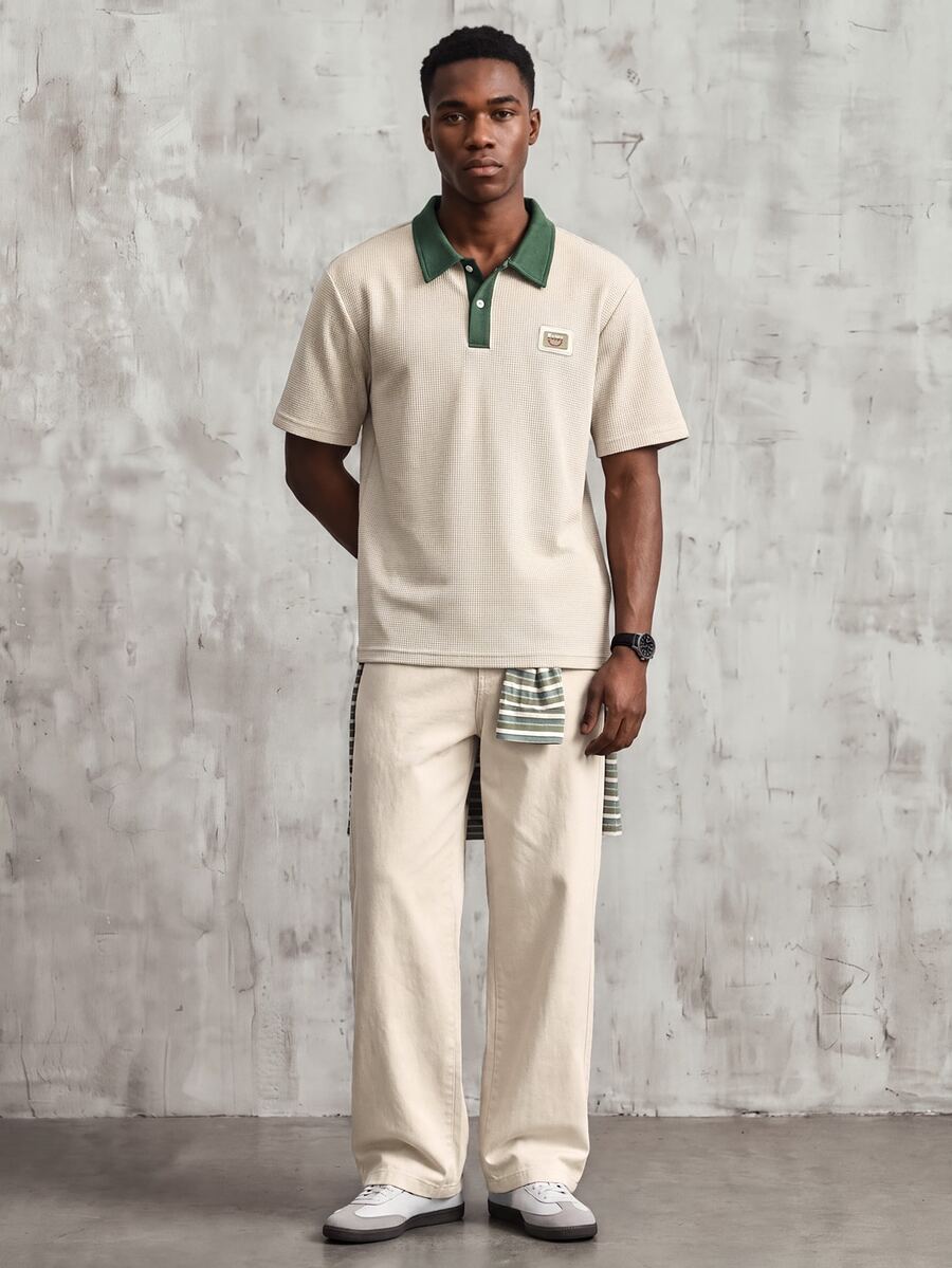 OldRiff 男士字母刺绣撞色短袖休闲通勤 Polo 衫 - 杏色 - 查看 1