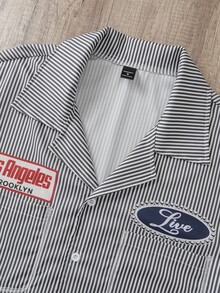 OldRiff Men's Striped Printed Fabric, Loose Fit, Letter Graphic Shirt - Black and White - View 2