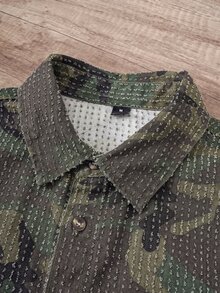OldRiff 男士休闲宽松钩针迷彩牛仔短袖衬衫，街头时尚 - 軍綠色 - 查看 4