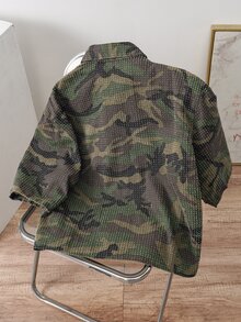 OldRiff 男士休闲宽松钩针迷彩牛仔短袖衬衫，街头时尚 - 軍綠色 - 查看 3