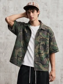 OldRiff 男士休闲宽松钩针迷彩牛仔短袖衬衫，街头时尚 - 軍綠色 - 查看 1