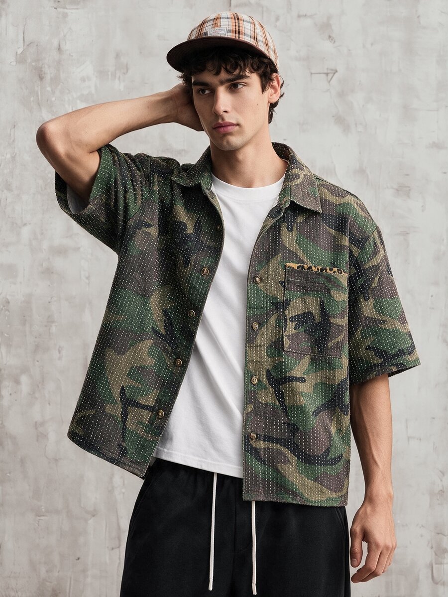 OldRiff 男士休闲宽松钩针迷彩牛仔短袖衬衫,街头时尚 - 軍綠色 - 查看 1